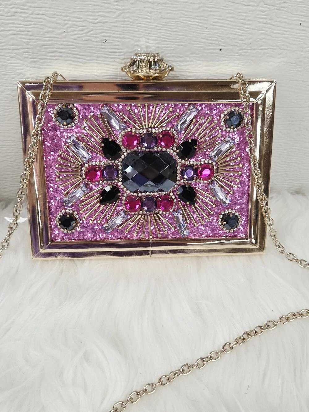Aldo Embellished Pink Crystal Box Clutch with Gold Chain